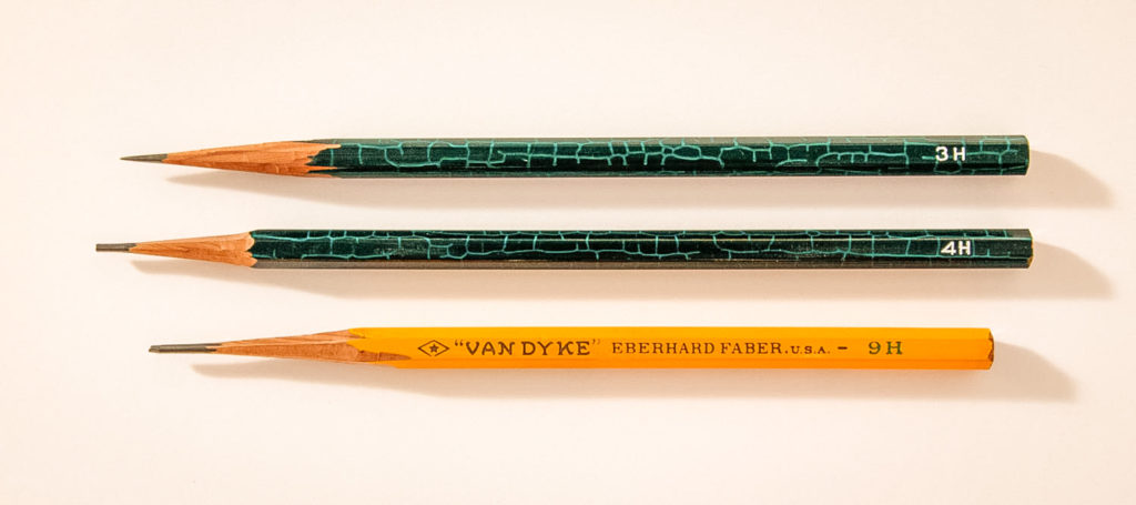 Three pencils of different hardness are shown, a 3H pencil, a 4H pencil, a 9H Van Dyke pencil